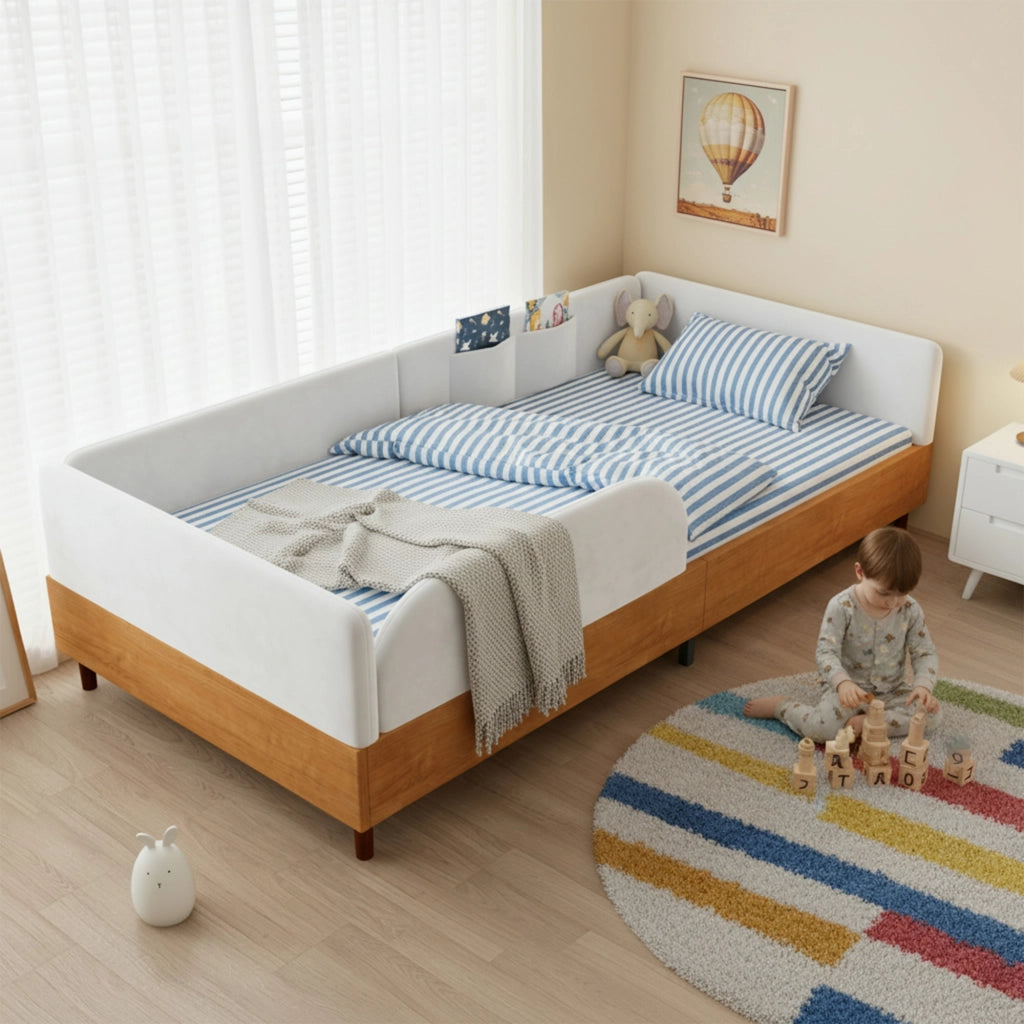 Letto singolo imbottito in velluto e legno 90x200 bianco 2 tasche bordo antiurto