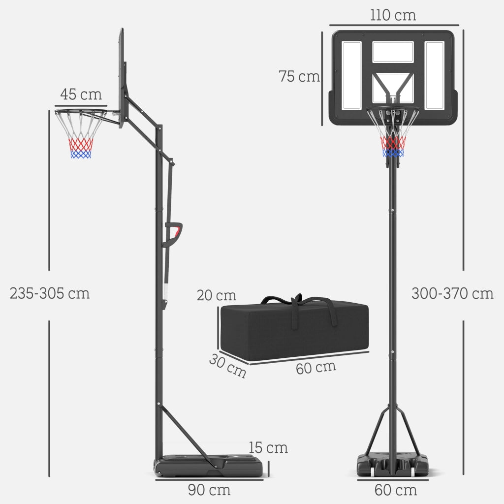 Canestro da basket outdoor regolabile in altezza 235-305 cm con tabellone 110x75 cm e ruote