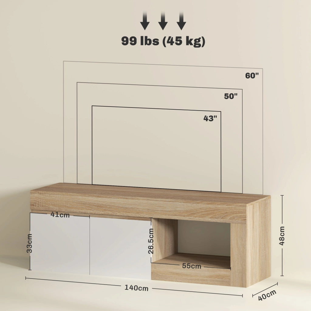 Mobile TV Max 60" con Armadietto 2 Ante e Ripiano Aperto 140x40x48 cm Legno Naturale e Bianco