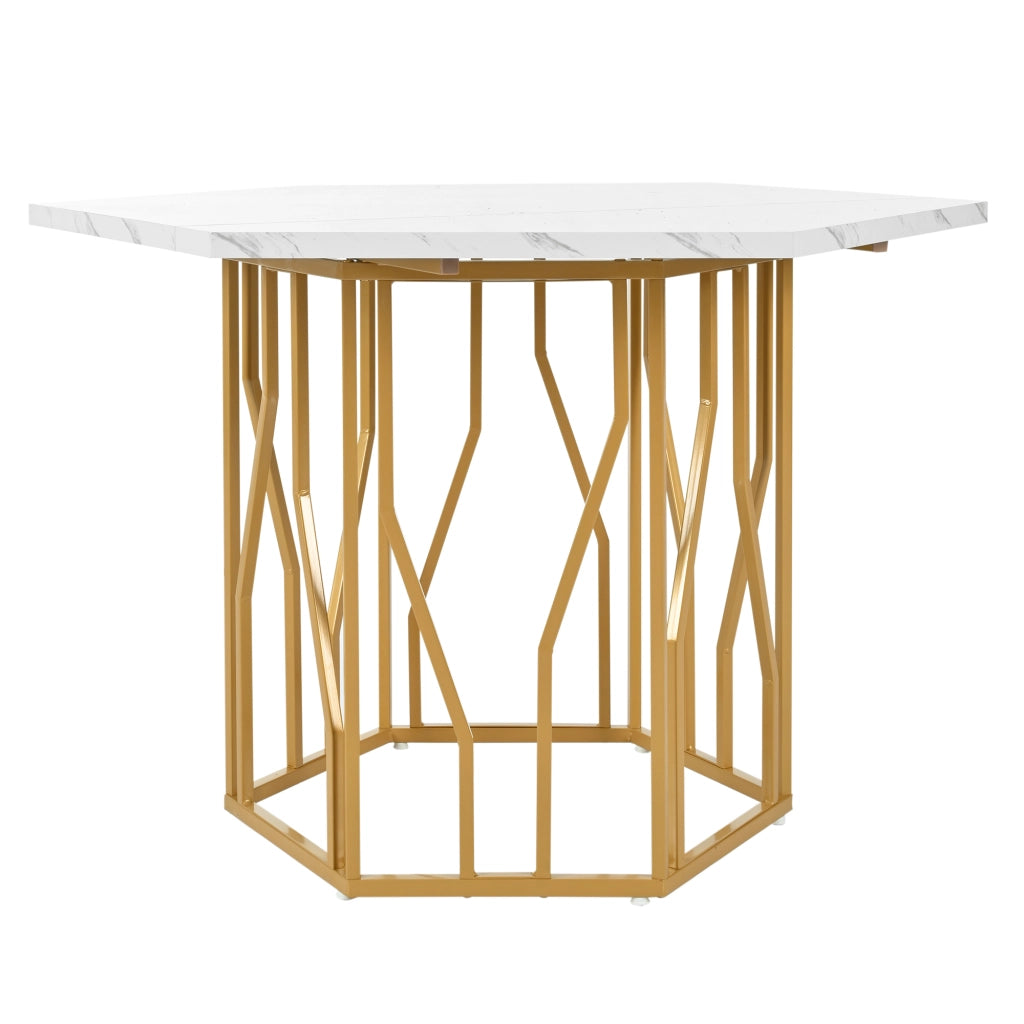 Tavolo moderno esagonale con piano effetto marmo, struttura in metallo dorato, bianco e oro