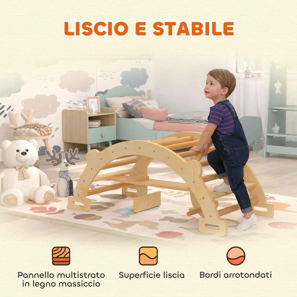Arco Montessori per Bambini 2-4 Anni Convertibile in Dondolo 110x52x45 cm in Legno color Legno