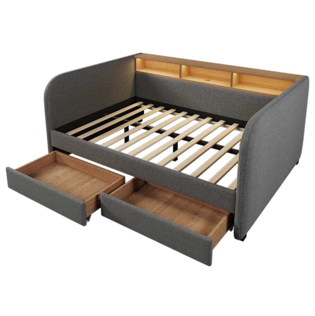 Letto imbottito 140x190 cm grigio in lino, LED USB C con 2 cassetti, senza materasso