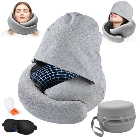 Cuscino per volo, reclinabile, con schiuma di alta densità, cappuccio e protezione per testa, collo e cuscino del collo, per adulti, con maschera da sonno, auricolari, borsa da trasporto per aereo, auto, treno