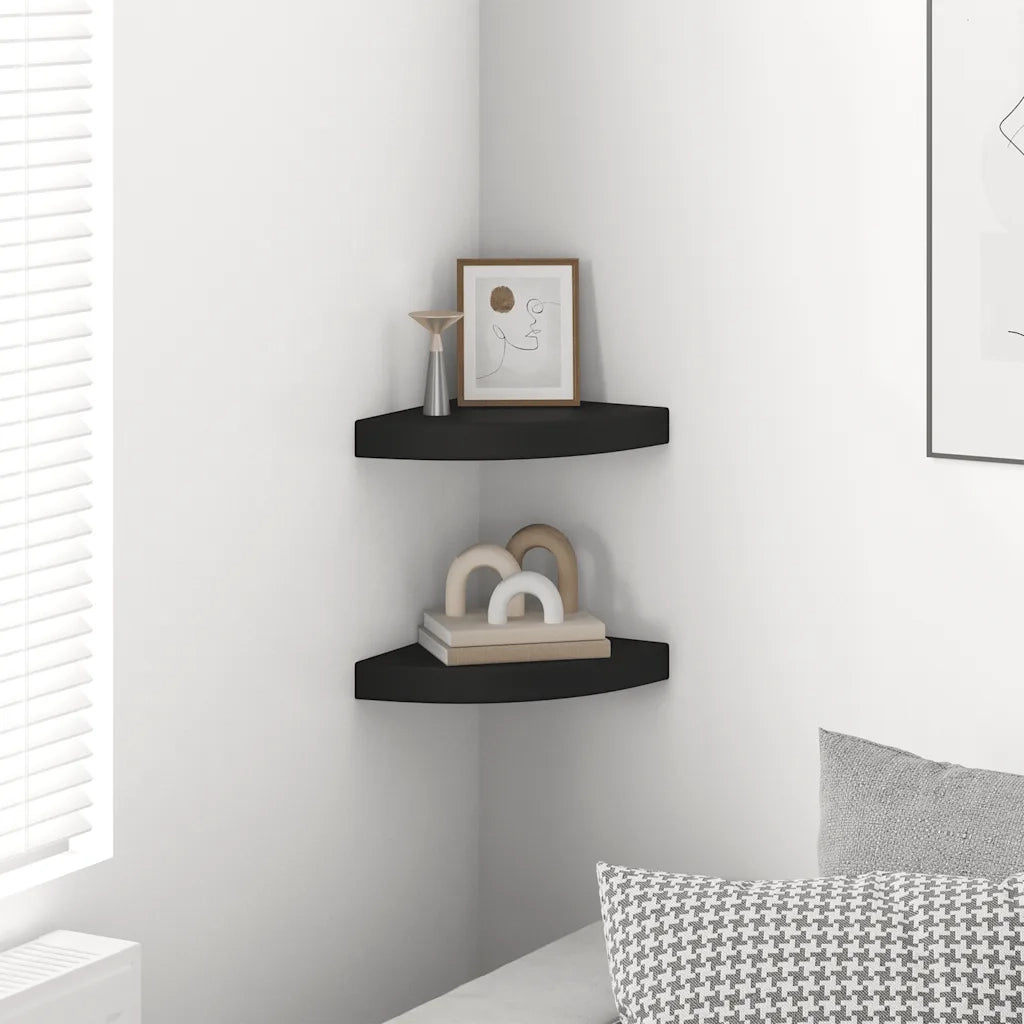2 pz Scaffali Angolari a Parete | Mensola sospesa Neri 25x25x3,8 cm in MDF