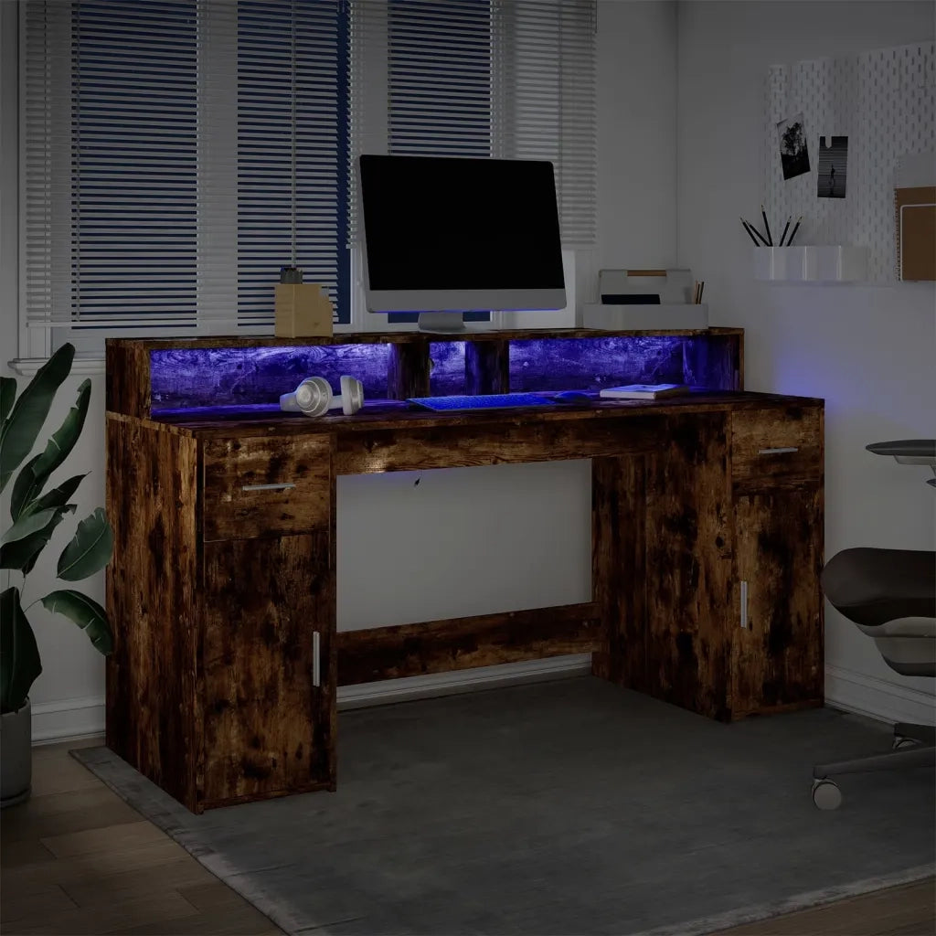 Scrivania con Luci LED Rovere Fumo 160x55x91 cm in Multistrato