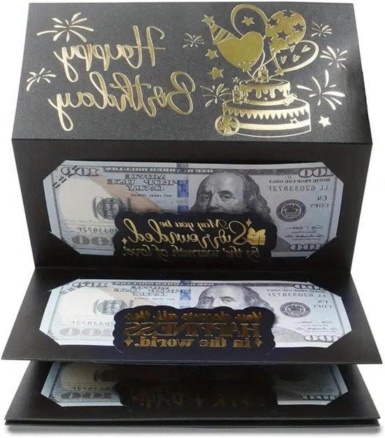 Portafoglio di Regalo per Doni in Denaro - Ospite per Doni in Denaro - Carta di Auguri per il Compleanno per Uomini, Donne, Ragazze e Ragazzi - Nero e Oro