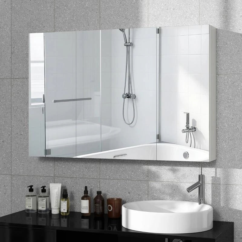 ARMADIETTO PENSILE BAGNO CON 3 ANTE A SPECCHIO E RIPIANI REGOLABILI IN LEGNO 90X13.5X60 CM, BIANCO