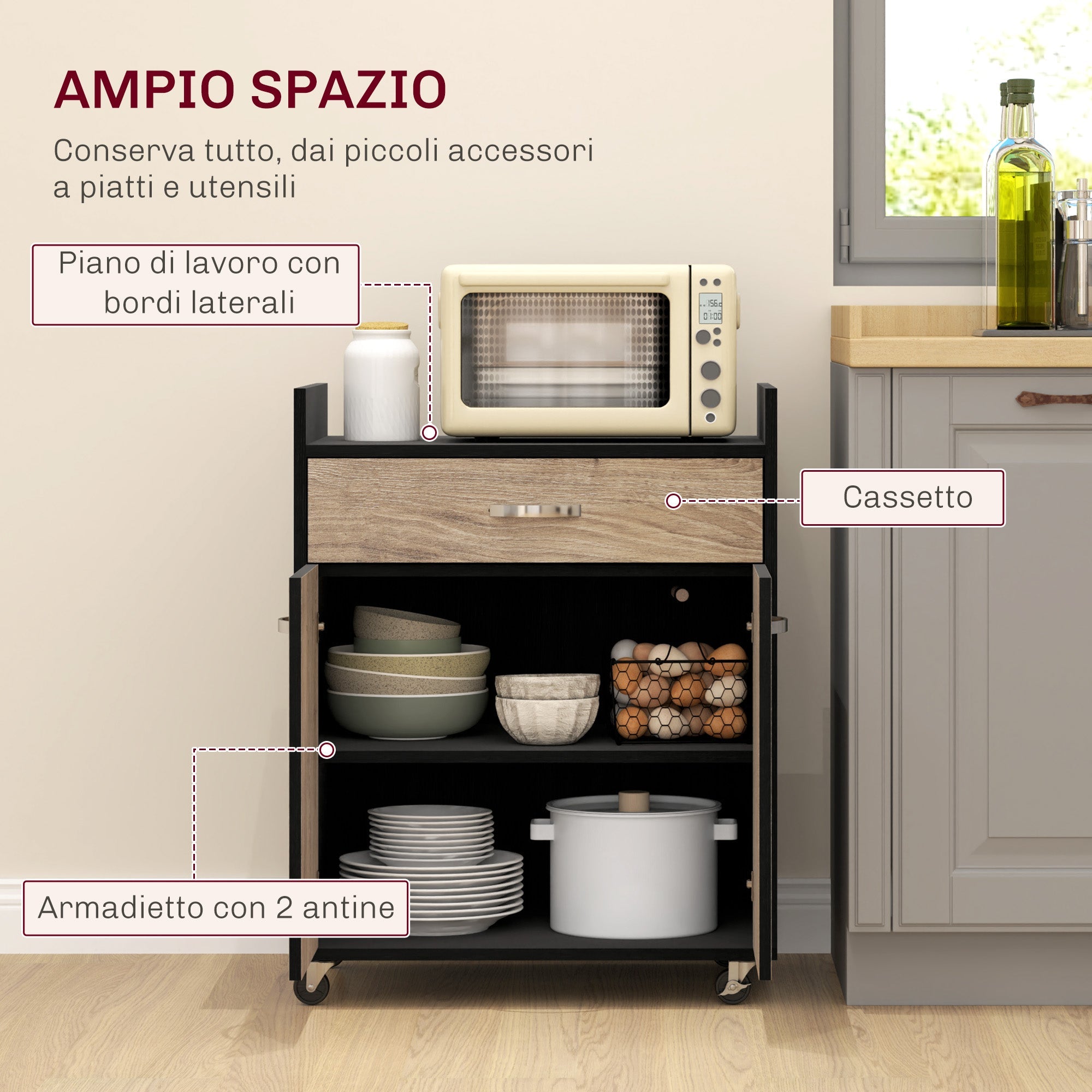 Carrello da Cucina con Armadietto e Cassetto 60x40x77 cm in Legno Nero