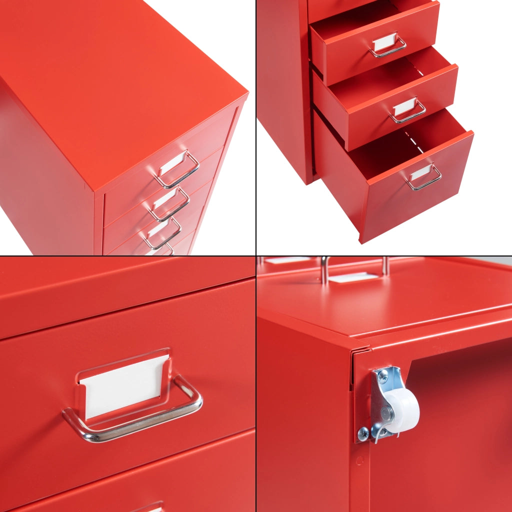 Cassettiera Kökar in Acciaio Mobile Archivio con 5 Cassetti e Rotelle - Rosso [en.casa]