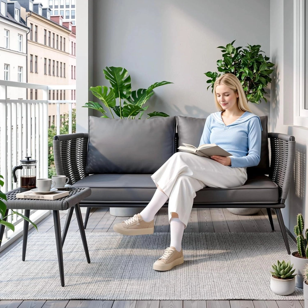 Divano in rattan a 2 posti, per balcone, grigio, divano, piccolo balcone, giardino d'inverno, terrazza, mobili per interni ed esterni, resistente alle intemperie, panca con schienale