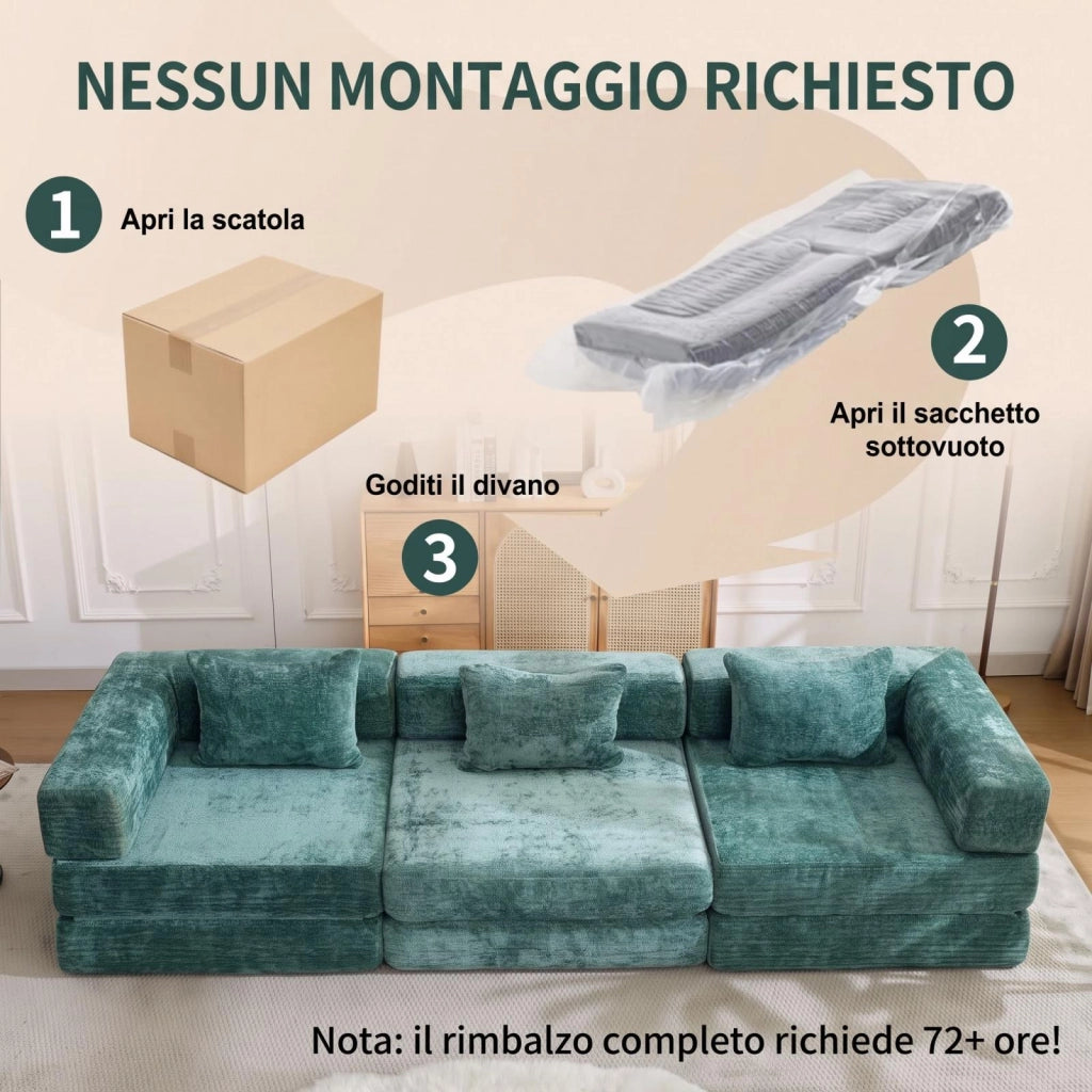 Divano compatto, divano letto pieghevole, moduli senza struttura, tessuto chenille, tre posti, verde scuro