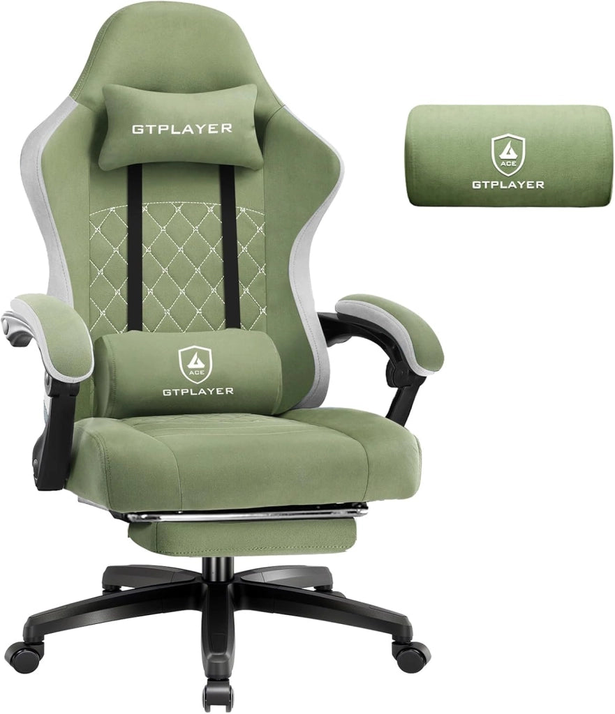 Sedia da gaming, in tessuto, con cuscino a molla, ergonomica, girevole, con poggiapiedi, portata 150 kg, colore: verde