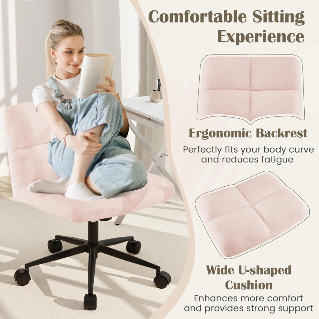 Sedia da ufficio con altezza regolabile, con 5 ruote, 73 x 69 x 79-87 cm, sedia girevole con gambe incrociate e seduta imbottita, sedia senza braccioli, per soggiorno, studio (rosa)