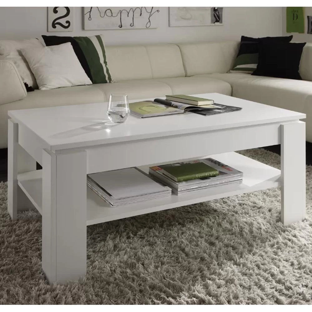 Tavolino Soggiorno Salotto Moderno con Rialzo Vano Contenitore Apribile Legno Bianco