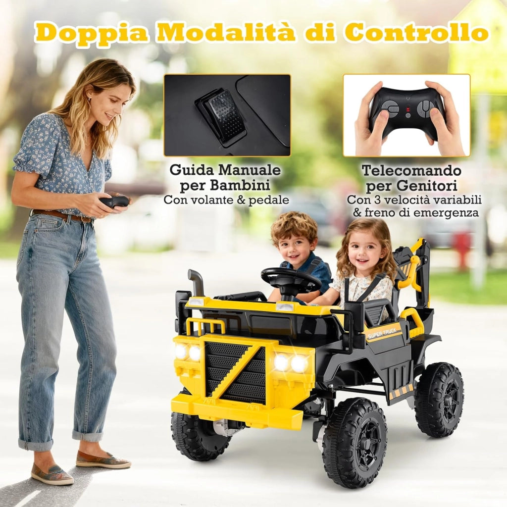 24V Escavatore Elettrico per Bambini, Veicolo da Costruzione 4WD con Telecomando, Musica, Luci, Braccio Scavante, Giocattolo Elettrico per Bambini 3 Anni+