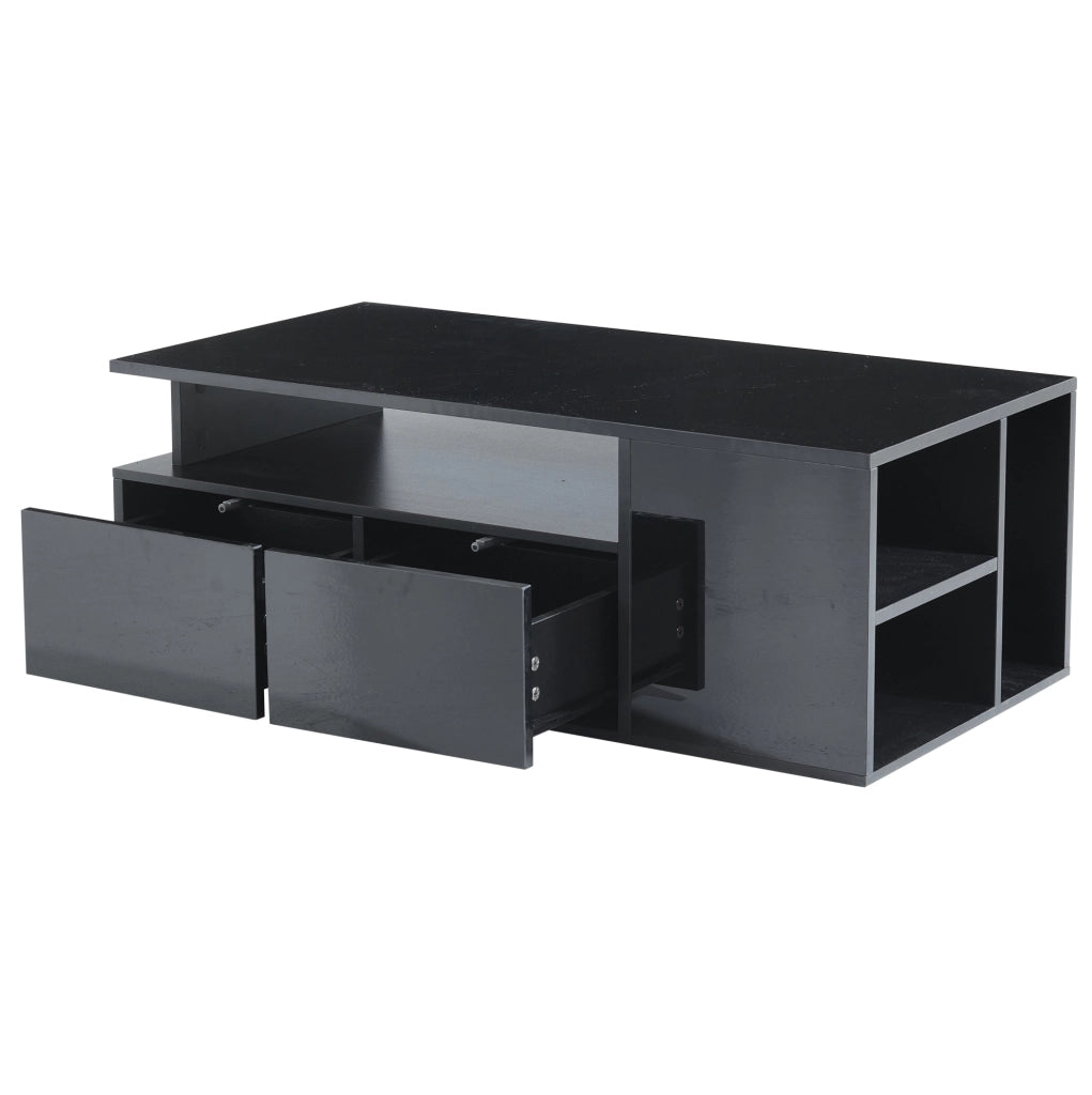 Tavolino da salotto 100x50x35 cm con LED; doppio cassetto; pannello truciolare nero