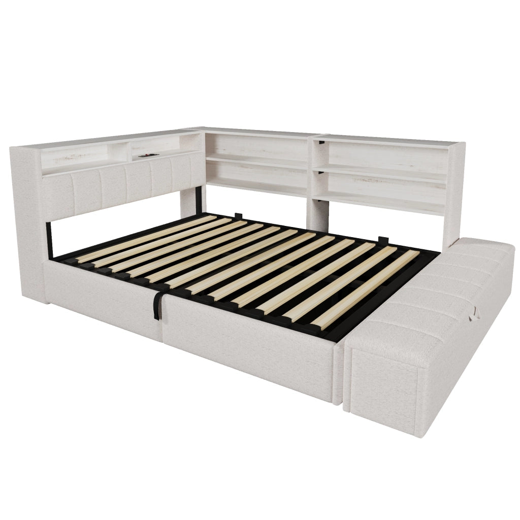 Letto contenitore 140x200 in velluto con sollevamento idraulico; luce RGB e prese USB