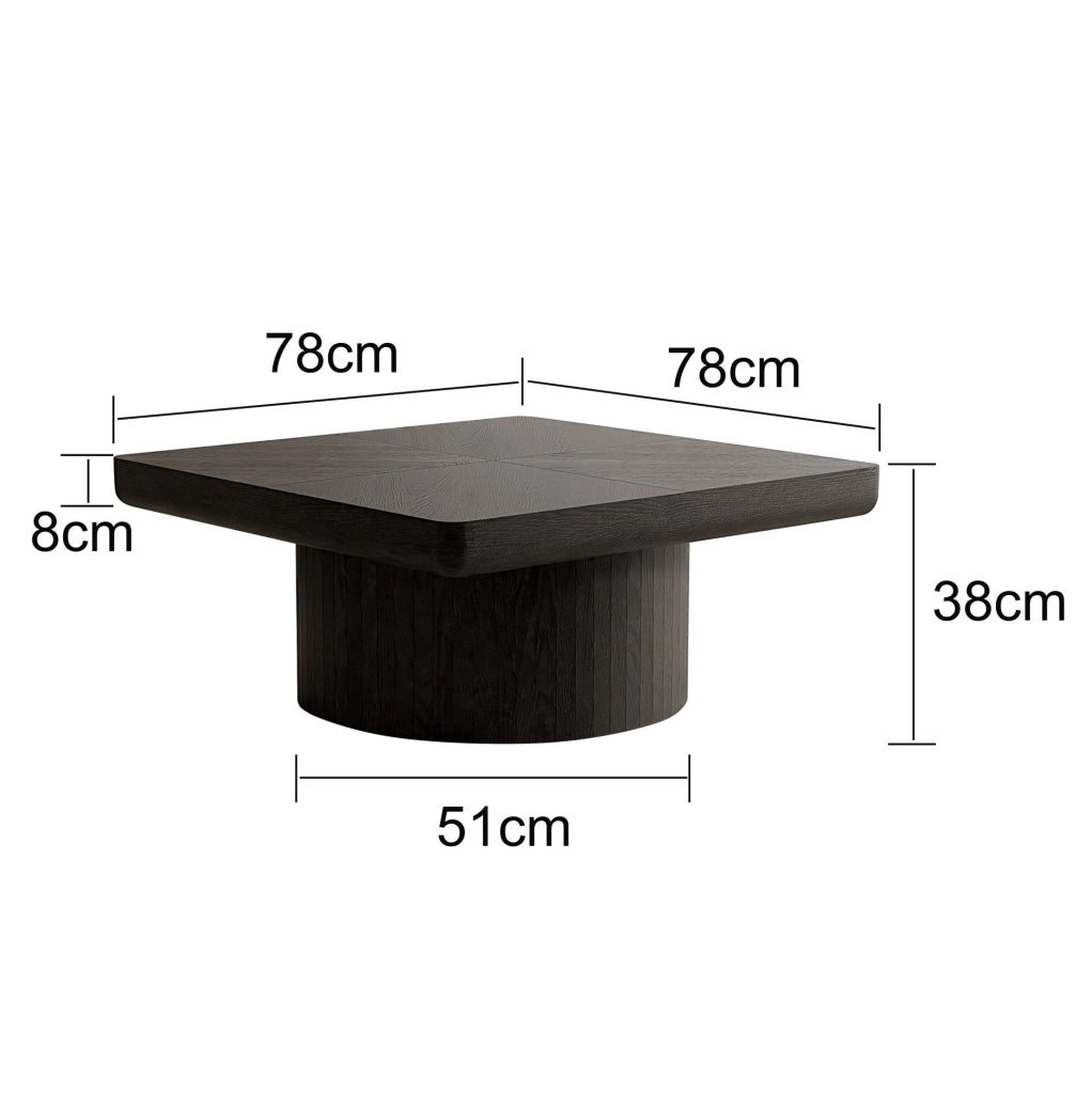 Tavolino da caffè 86.12x85.54x18.04 cm con piano spesso e base cilindrica in legno e MDF nero