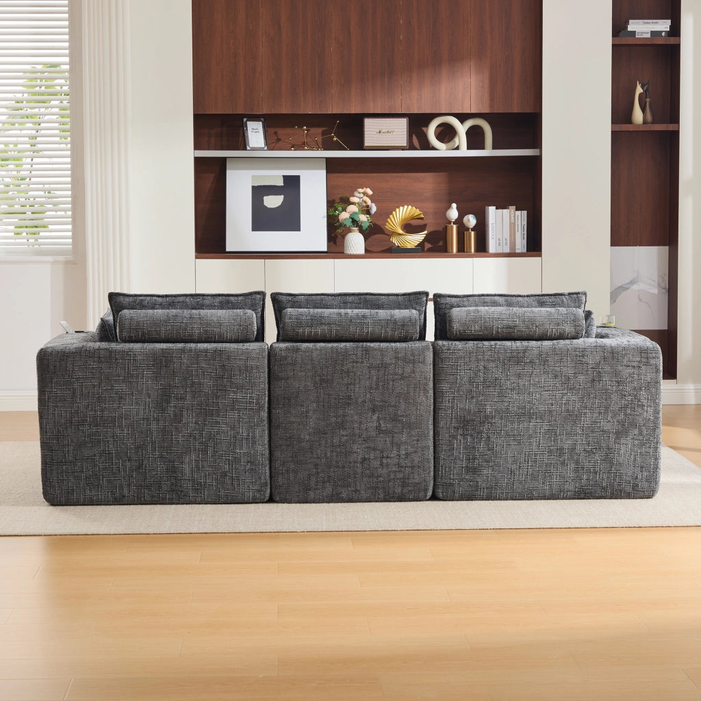 Divano modulare a 3 posti con tasche laterali cuscini e molle in ciniglia grigio scuro 256 × 161 × 75 cm