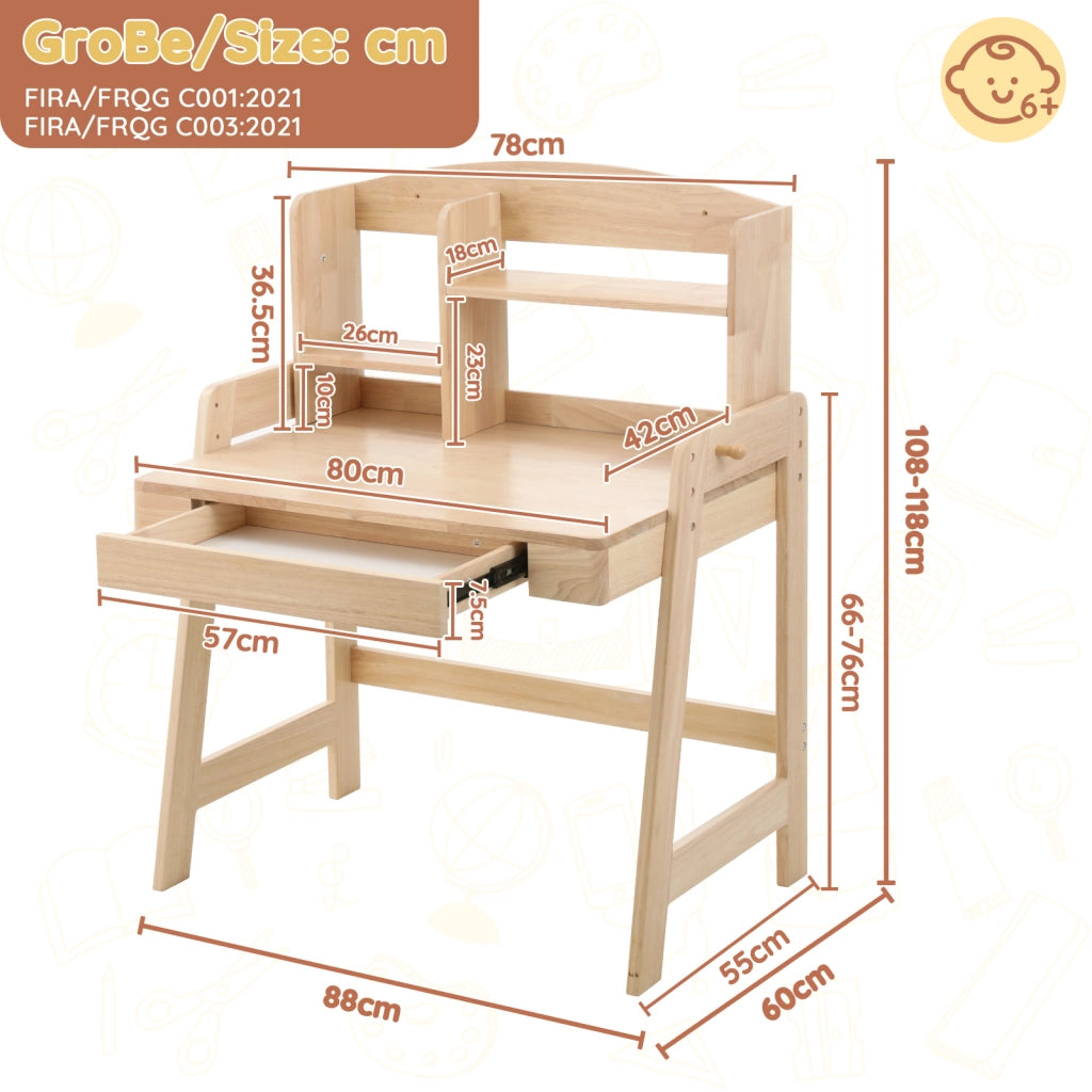 Scrivania lineare per bambini da 6 anni con altezza regolabile, cassetto, vano contenitore e gancio, in legno naturale