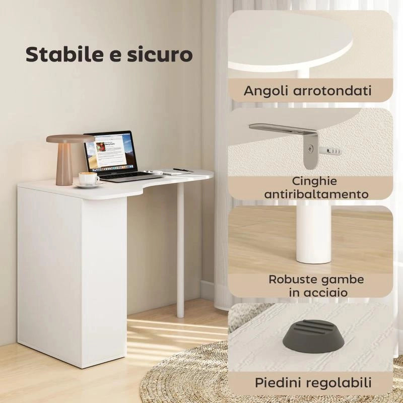 SCRIVANIA PER CAMERA RICURVA CON 6 RIPIANI E 4 SCAFFALI REGOLABILI, IN ACCIAIO E LEGNO, 100X59X75.5 CM, BIANCO