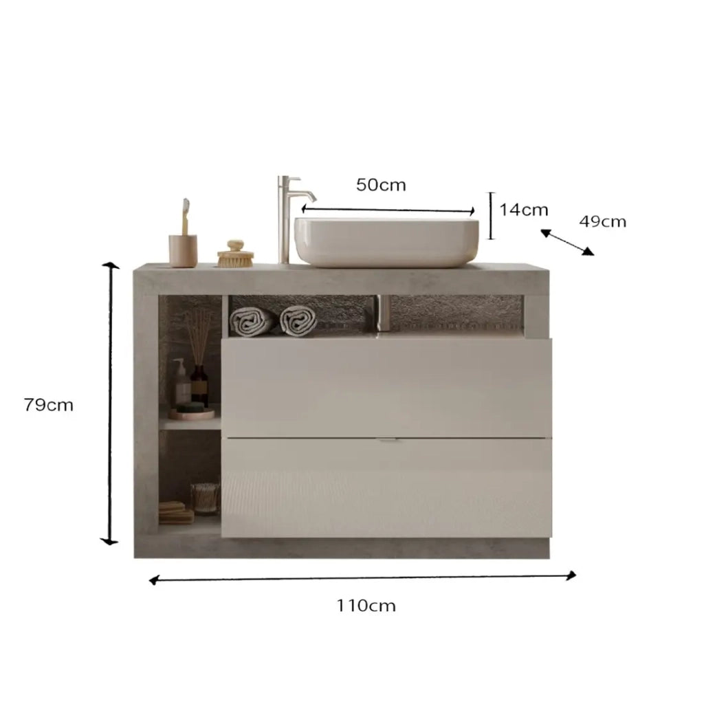 Mobile da bagno con un lavabo e 2 cassetti, collezione BURA. Colori bianco lucido e cemento.
