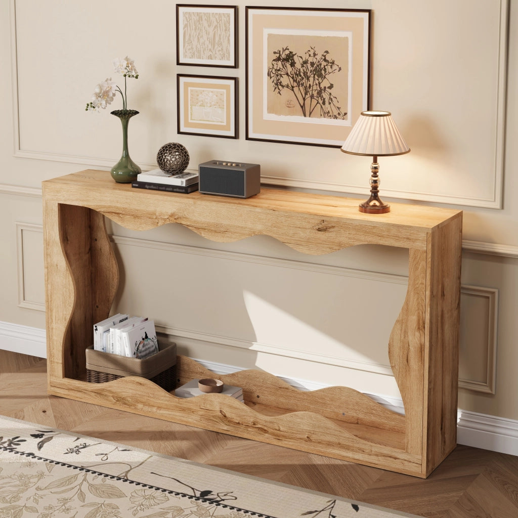 Consolle con bordo ondulato e 2 ripiani aperti, per ingresso, in pannello truciolare, naturale, 160,5 × 30 × 86,5 cm