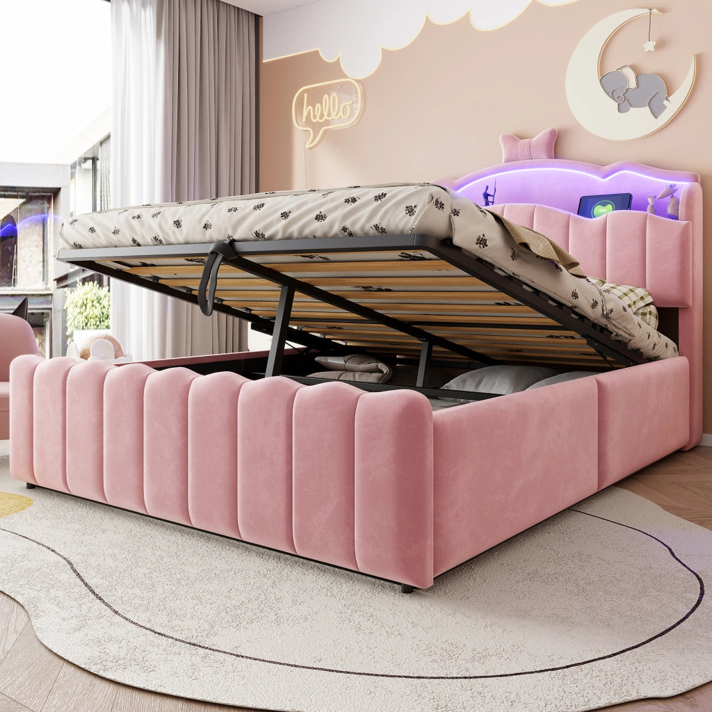 Letto per bambini 140 × 200 cm con contenitore idraulico, LED colorati, USB e USB-C, senza materasso, rosa