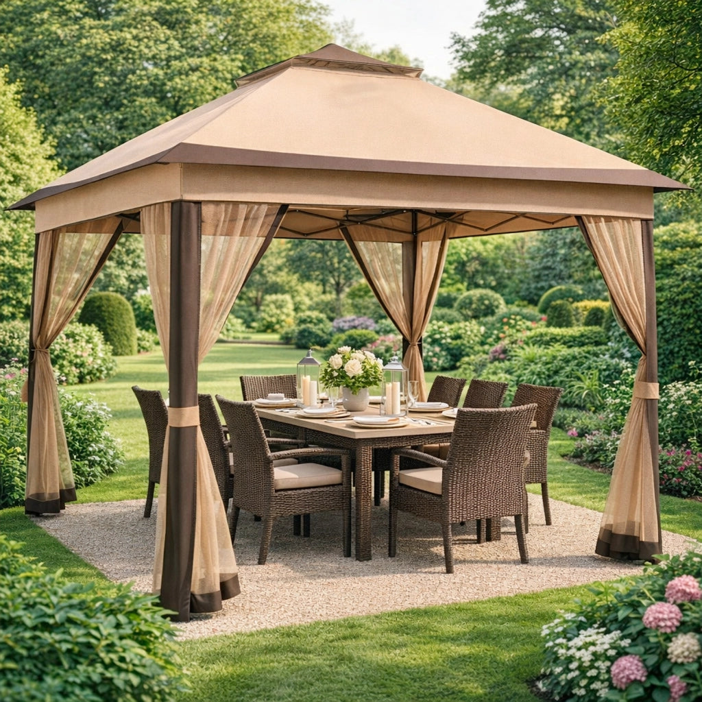 Gazebo Rapido Da Giardino Pop Up 3.33 x 3.33 Metri Altezza Regolabile Da 2.7 A 2.9 M Con Zanzariere Removibili Apertura Rapida E Borsa Trasporto Per Eventi Patio Piscina Campeggio Feste Kaki