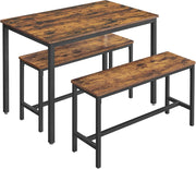 VASAGLE Tavolino da Pranzo con 2 Panche, Set di 3 Pezzi, Tavolo da Cucina 70 x 110 x 75 cm, 2 Panche 30 x 97 x 50 cm, Struttura in Acciaio, Marrone Vintage e Nero KDT070B01