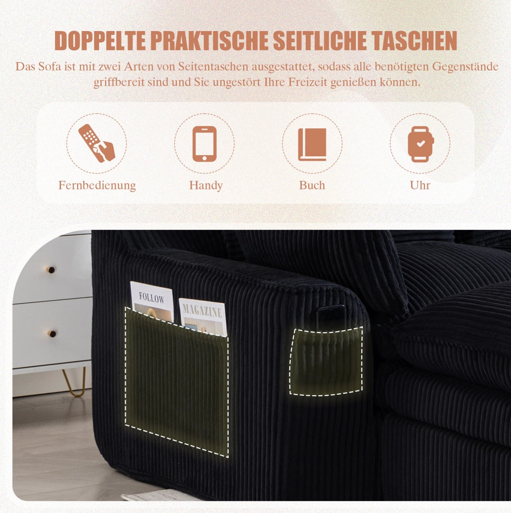 Divano modulare in velluto a coste nero con tasche laterali; 335×167×85 cm