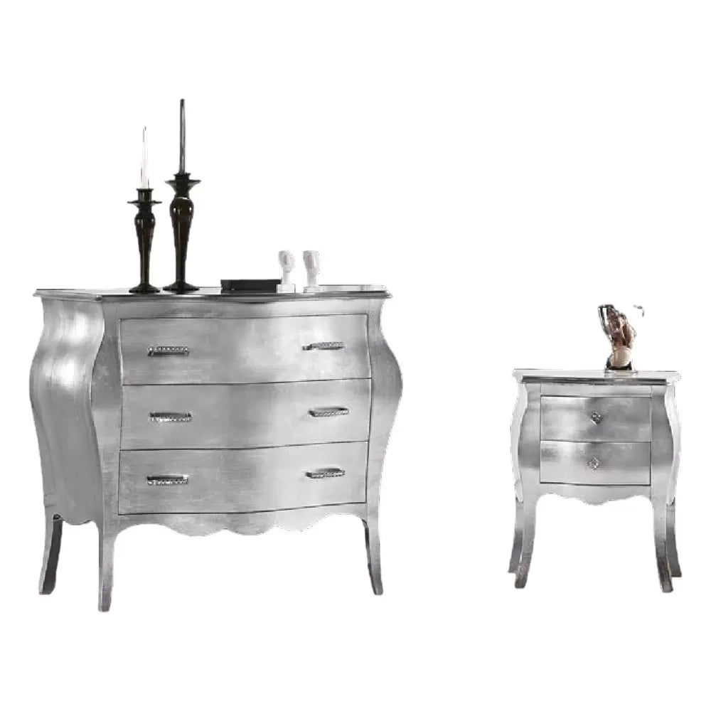 Gruppo 1 cassettiera 2 comodini bombati foglia argento maniglie swarovski (1251+1252) - Mobili 2G