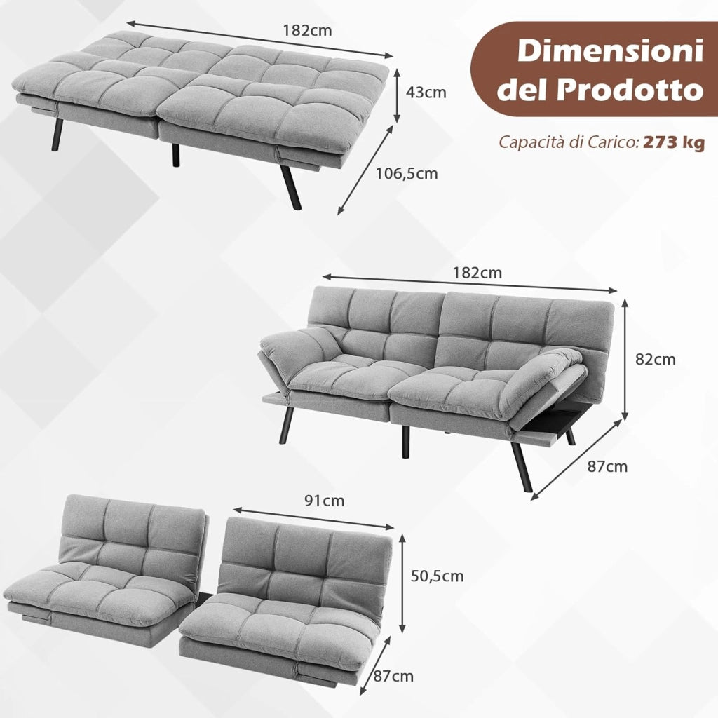 Divano Letto Convertibile, Schiuma di Memoria con Schienale e Poggiatesta Regolabili, Schienale Regolabile in 3 Posizioni, Multiuso e Moderno, per Camera da Letto Salone Balcone (Grigio)