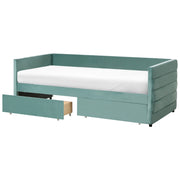 Letto 90 x 200 cm in velluto verde menta elegante e imbottito con cassetti glamour per la camera da letto