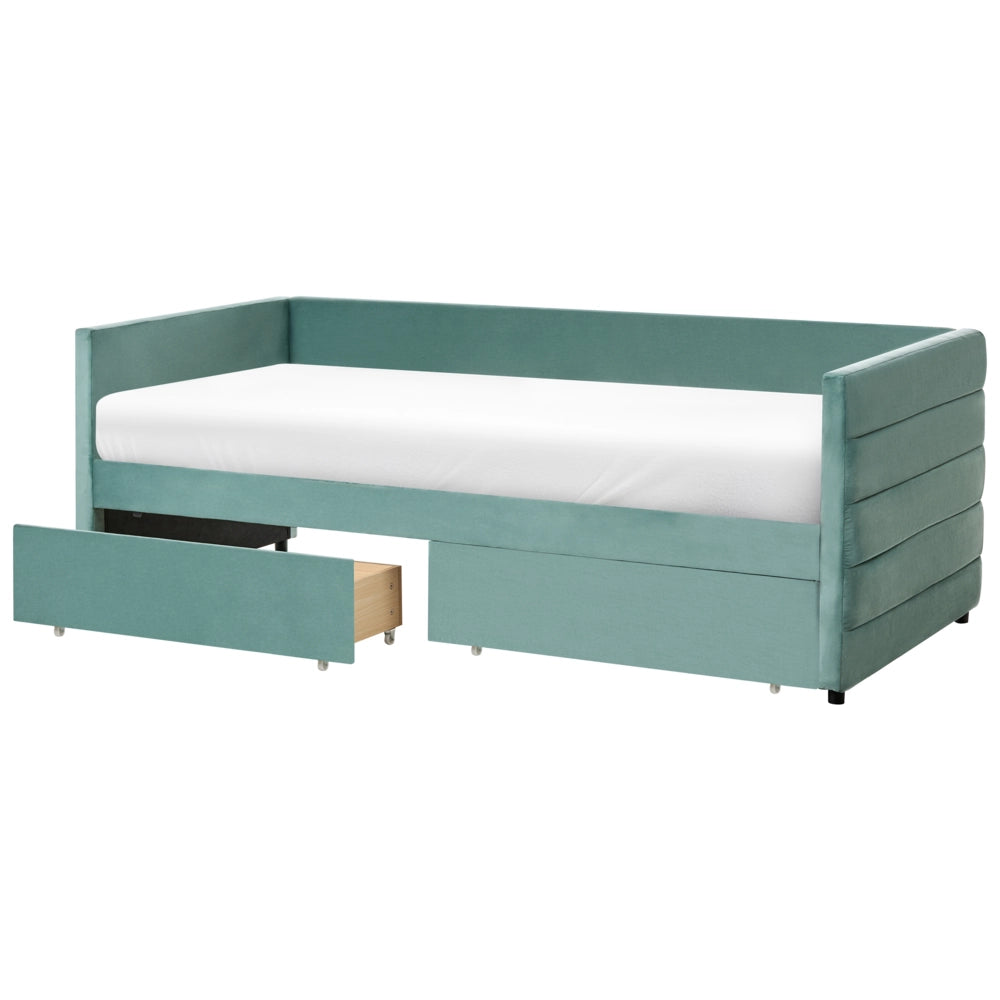 Letto 90 x 200 cm in velluto verde menta elegante e imbottito con cassetti glamour per la camera da letto