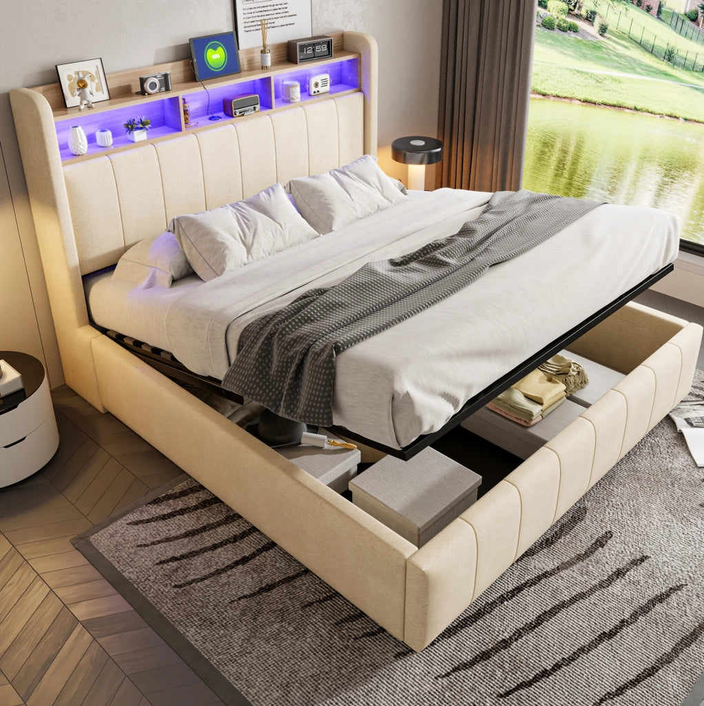 Letto imbottito 160x200 cm con LED e vano contenitore; tessuto in lino; beige