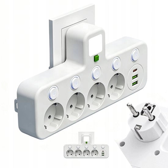 Scatola di Alimentazione - 4 Prese con USB-C - 2500W 10A - Interruttori Indipendenti - Lampada da Tavolo - Materiale PC Sicuro - Per Casa, Ufficio e Camera