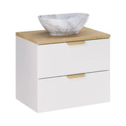 Set da bagno OSTER 60cm: mobile basso con cassetti + piano per lavabo + lavabo da appoggio bianco marmorizzato