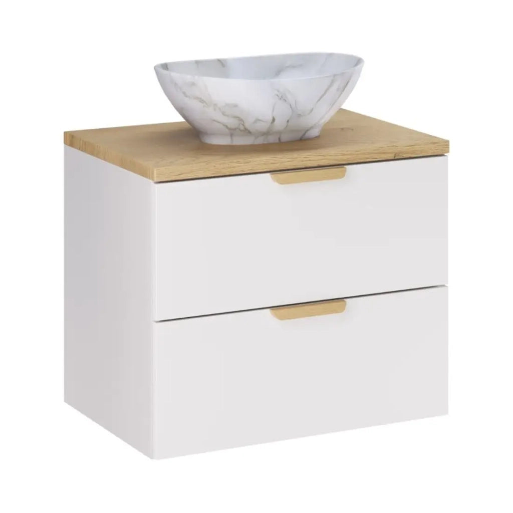 Set da bagno OSTER 60cm: mobile basso con cassetti + piano per lavabo + lavabo da appoggio bianco marmorizzato