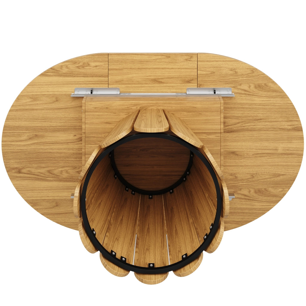 Tavolo da pranzo rotondo allungabile con piano scorrevole; per cucina e soggiorno; legno naturale
