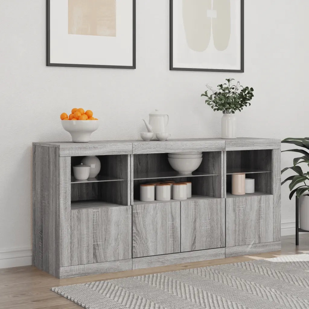 Credenza con Luci LED-Buffet-Armadio da cucina Grigio Sonoma 142,5x37x67 cm 141671