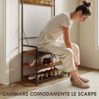 Mobile Ingresso Appendiabiti con Panca e Scarpiera 80x40x182 cm in Legno e Metallo Marrone e Nero