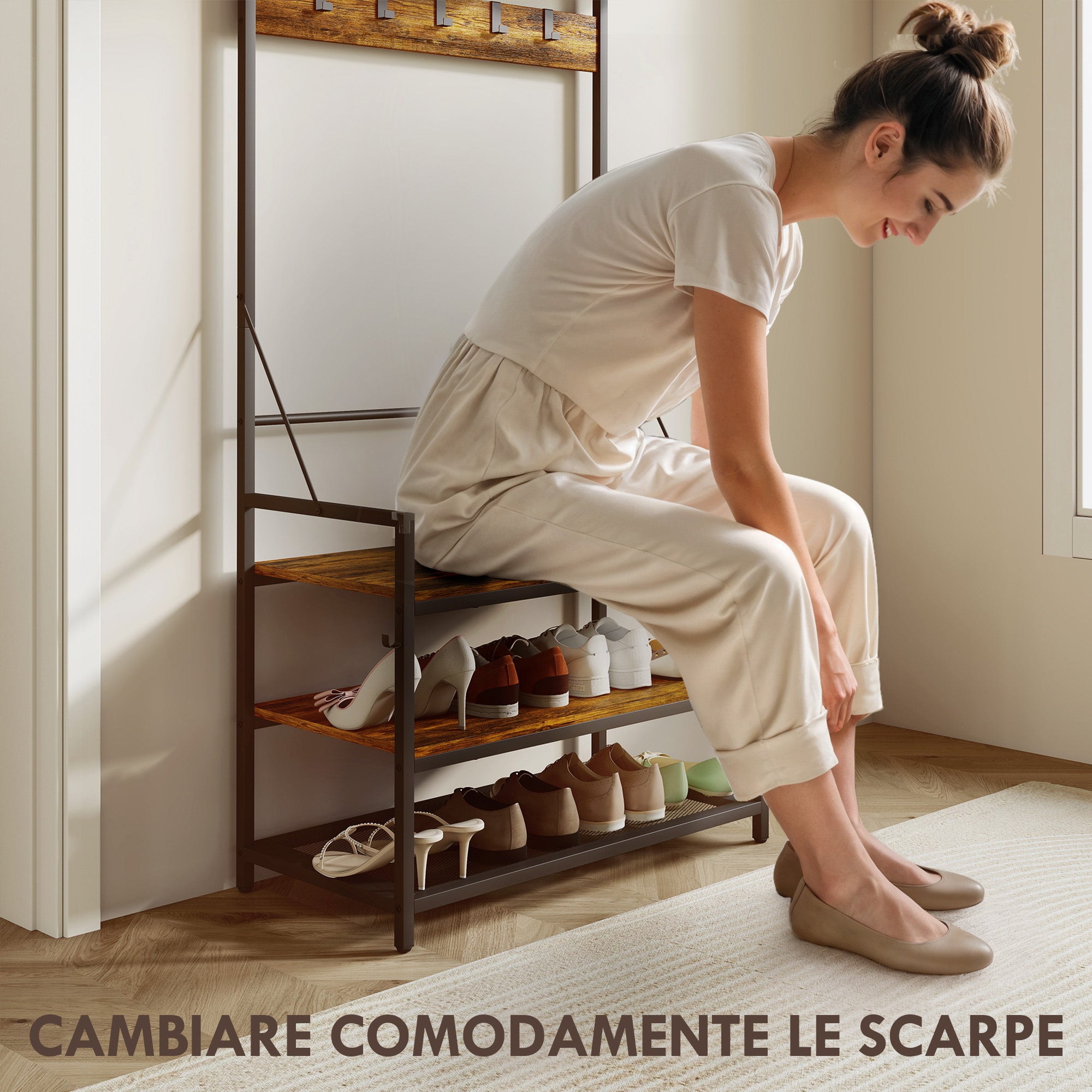 Mobile Ingresso Appendiabiti con Panca e Scarpiera 80x40x182 cm in Legno e Metallo Marrone e Nero