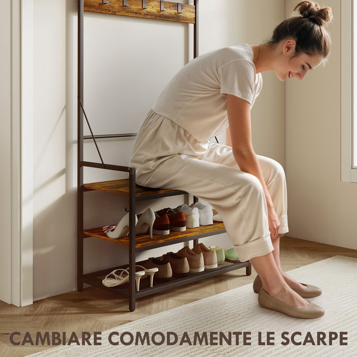 Mobile Ingresso Appendiabiti con Panca e Scarpiera 80x40x182 cm in Legno e Metallo Marrone e Nero