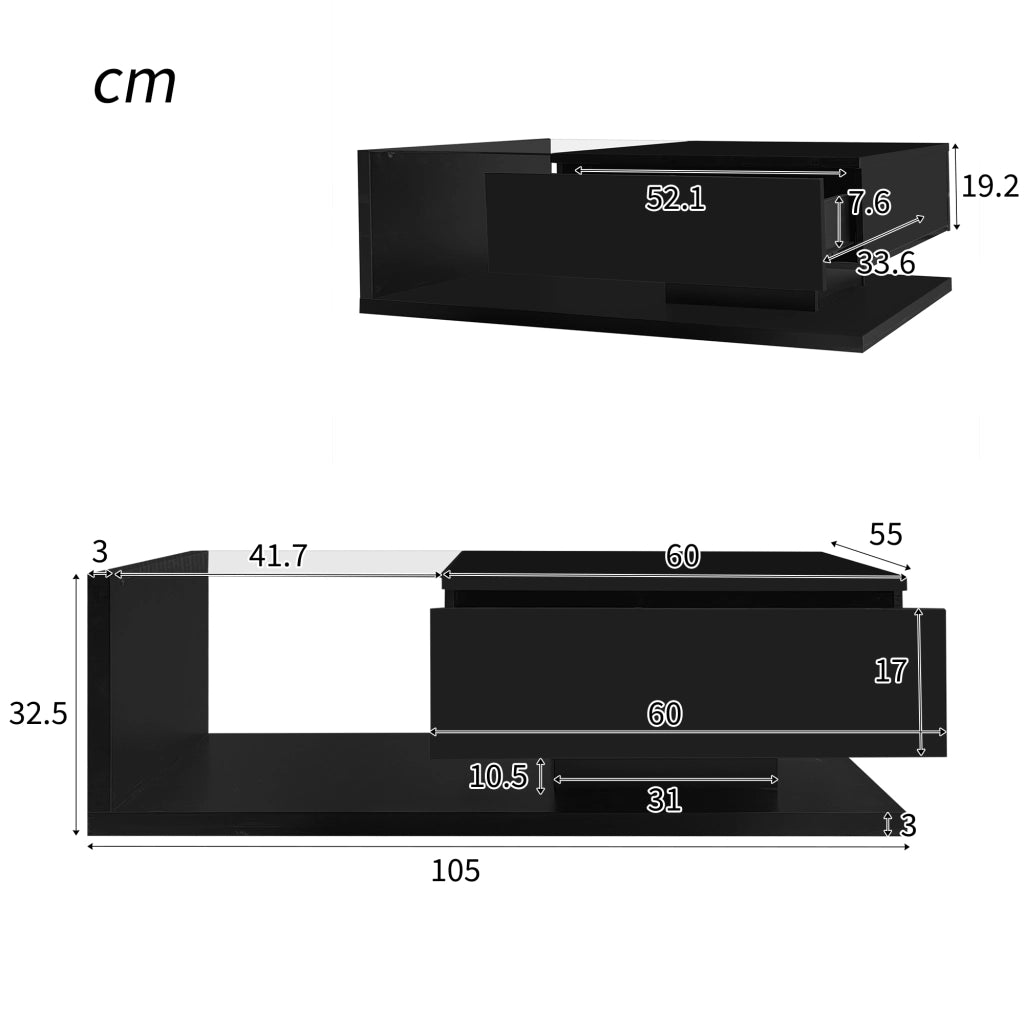 Tavolino da salotto con 1 Vano; LED e Piano in Vetro Temperato; Finitura Nero Lucido; 105 × 55 × 32.5 cm