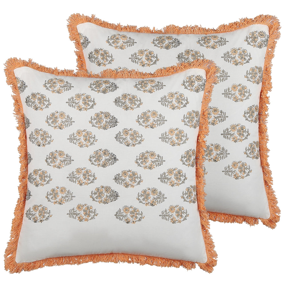 Set di 2 cuscini decorativi bianchi e arancioni cotone 45 x 45 cm motivo floreale nappe fatto a mano rivestimento sfoderabile con imbottitura boho style