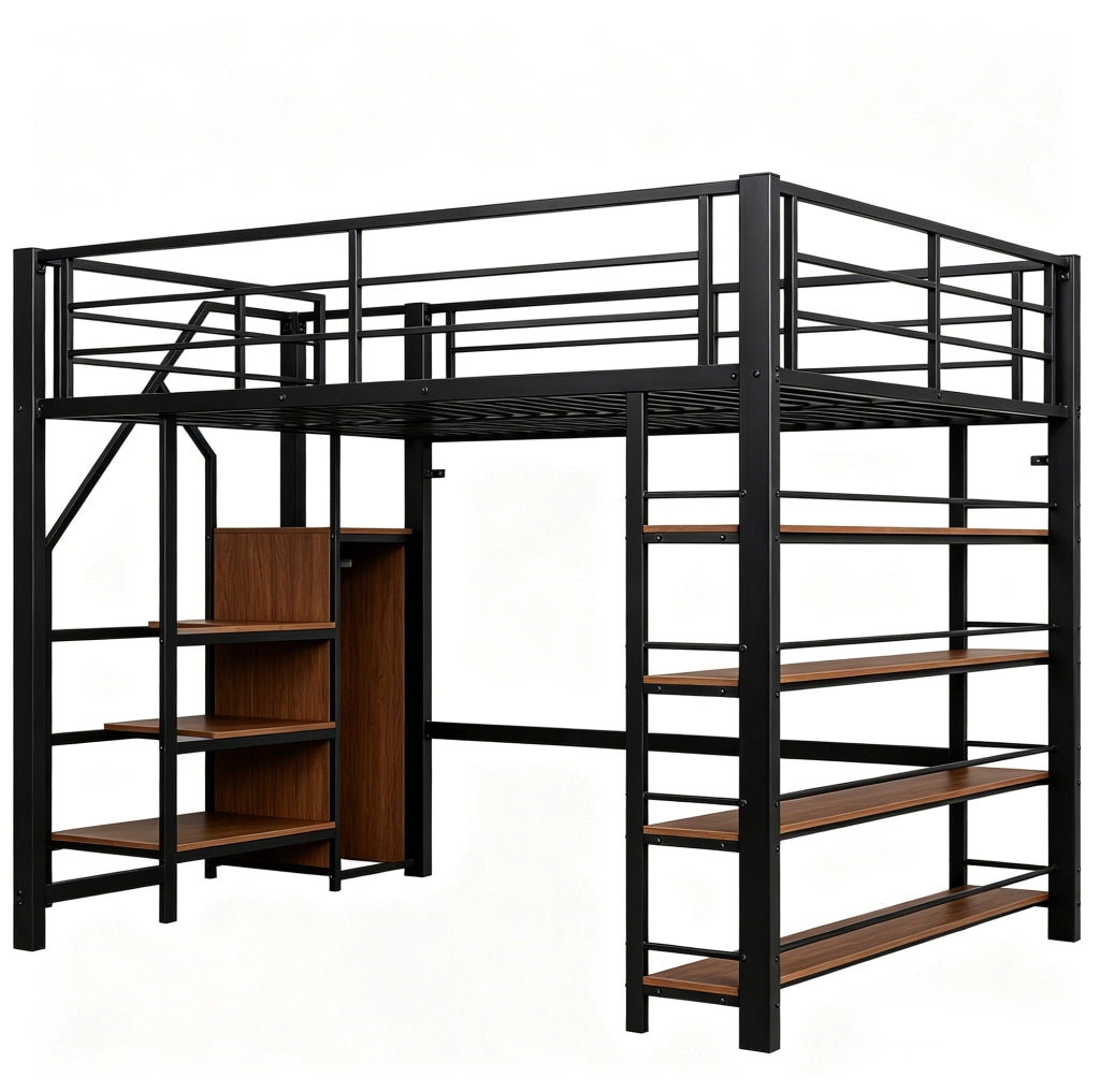 Letto a soppalco 140x200 cm con scala contenitore in MDF e metallo nero