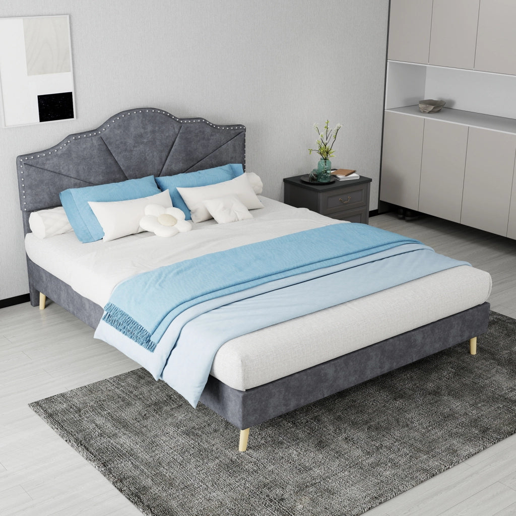 DESMIU Letto 140 × 200 cm 2 posti con testiera geometrica, senza materasso, in tessuto e metallo, grigio