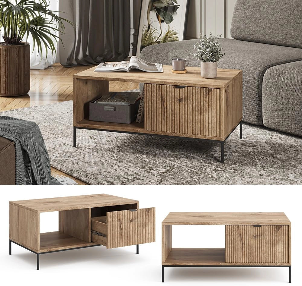 Tavolino Eliza, Quercia vichinga, 90 x 50 cm con un cassetto, combinabile con altri mobili della serie Eliza