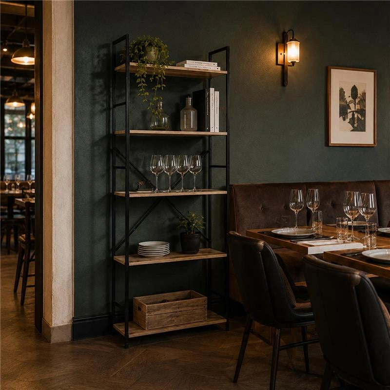 LIBRERIA STILE INDUSTRIAL A 5 RIPIANI IN LEGNO E METALLO DIMENSIONI 59X24X144CM - COLORE ROVERE